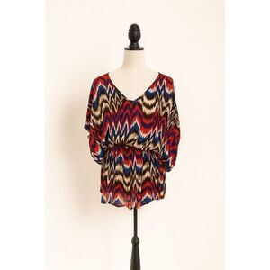 Parker 100% Silk Multicolor Abstract Blouse Elastic Waist Kimono Sleeve Size S